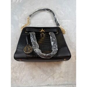 Dasein Black Croc Embossed Satchel Handbag Gold Accent‎ Chain Strap New